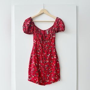 Rat & Boa Red Floral Bambi Dress - Mini Bodycon Puff Sleeve Off Shoulder